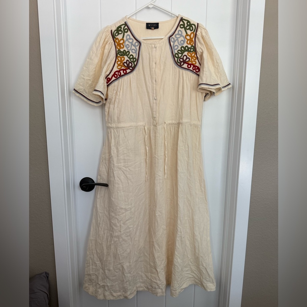 Johnny Was Cream Midi Dress with Multicolor Embroidery